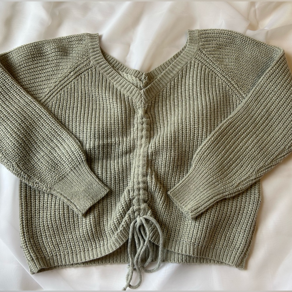 Drawstring Knit Cropped V Neck Sweater